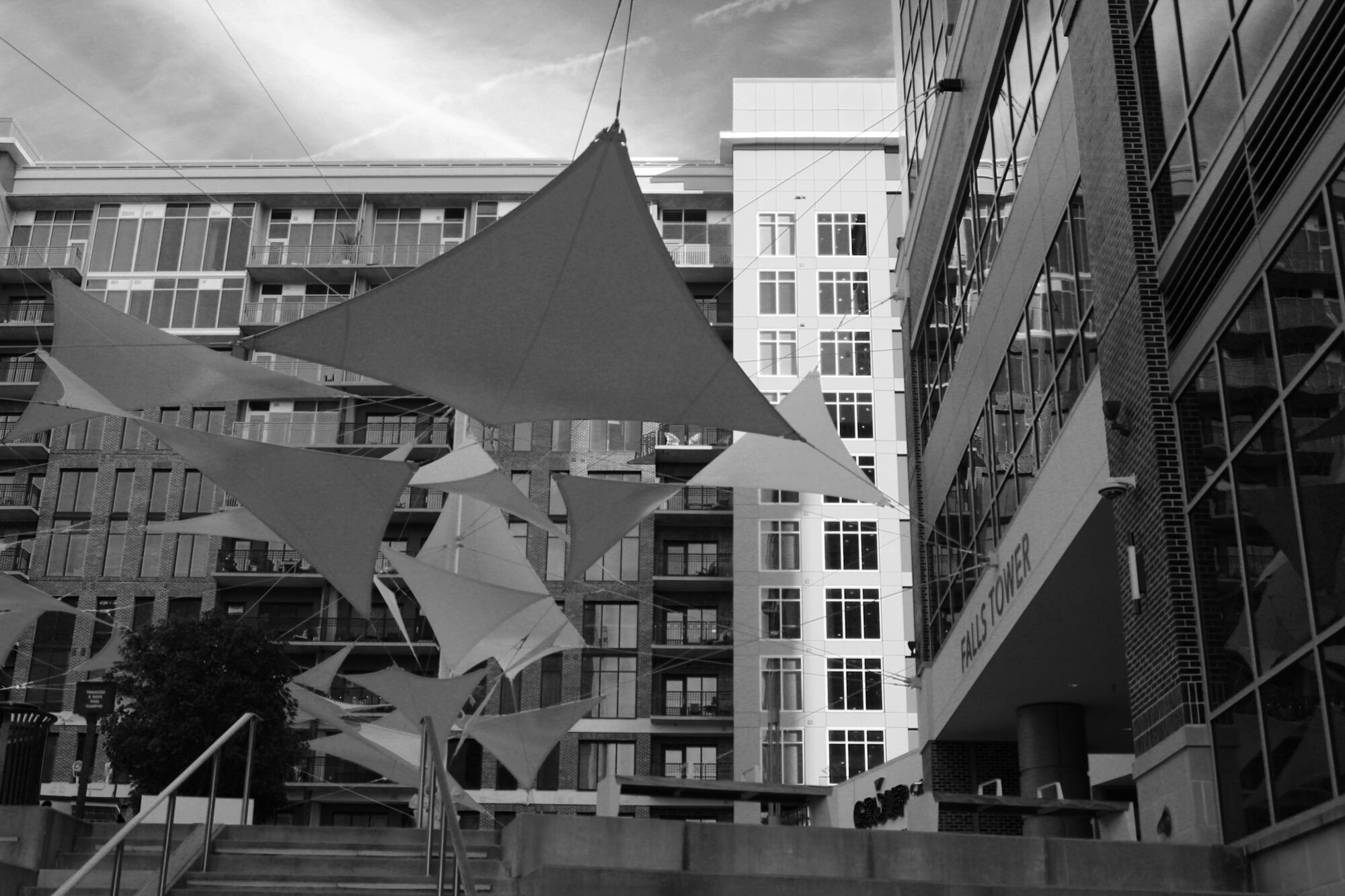 Large building with flags