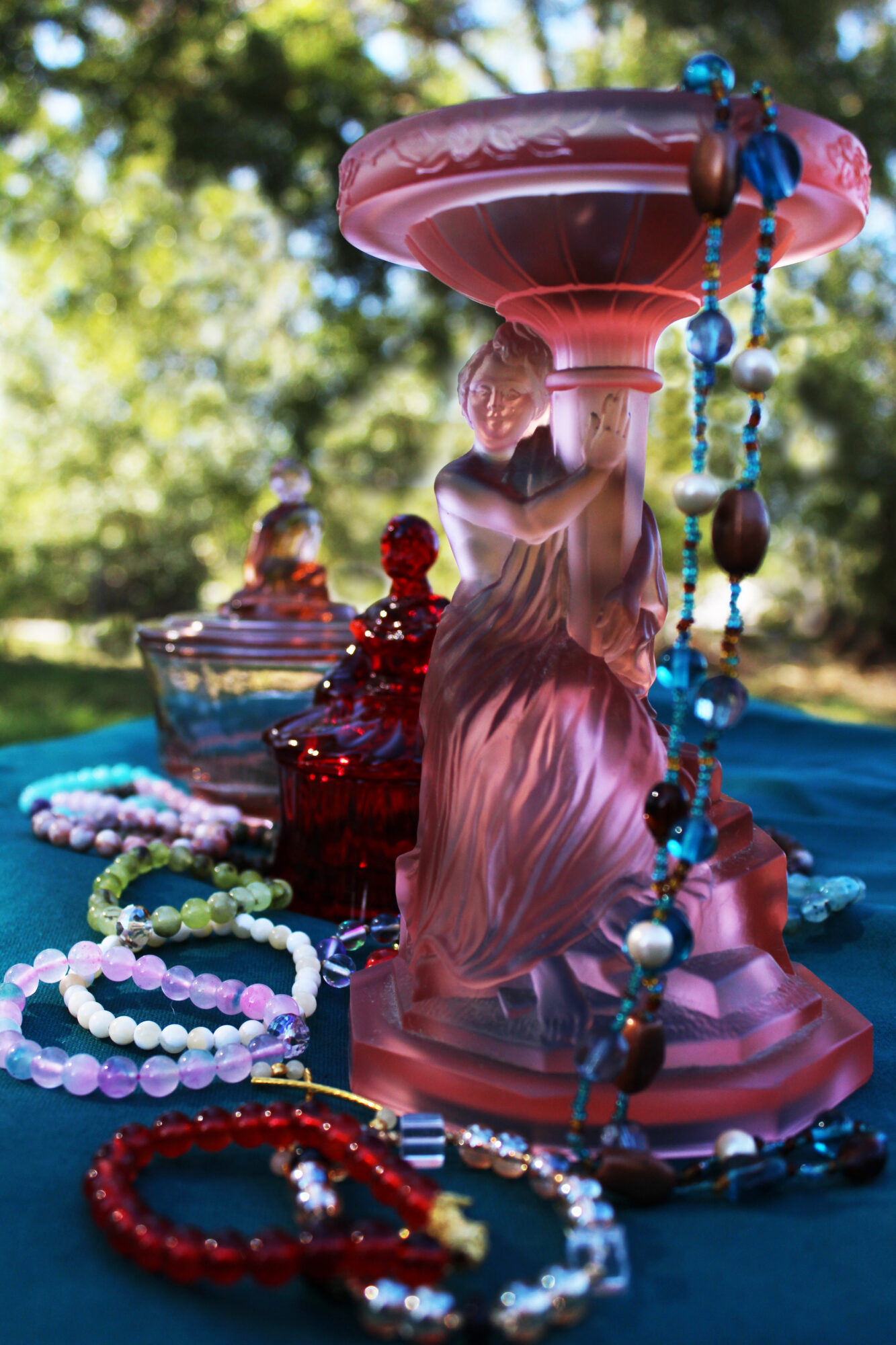 Glass woman tazza and jewelry boxes